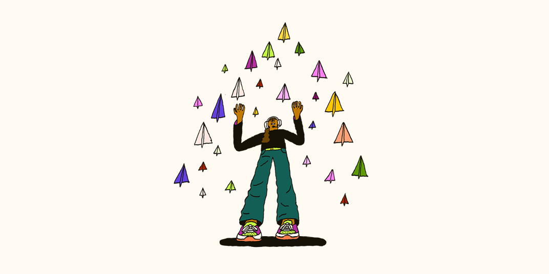 An illustration of a call centre agent wearing a headset and fielding customer messages in the form of paper aeroplanes.
