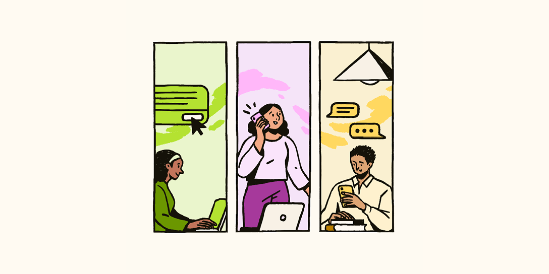 3つのパネル上で、3人がそれぞれカスタマーサクセス向けAIを活用しているイラスト。
