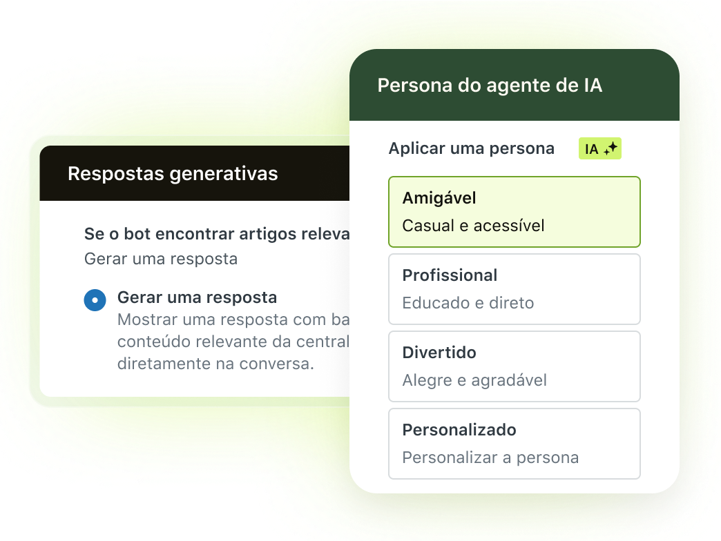 Opções de persona do agente de IA: Simpática, profissional, divertida e personalizada